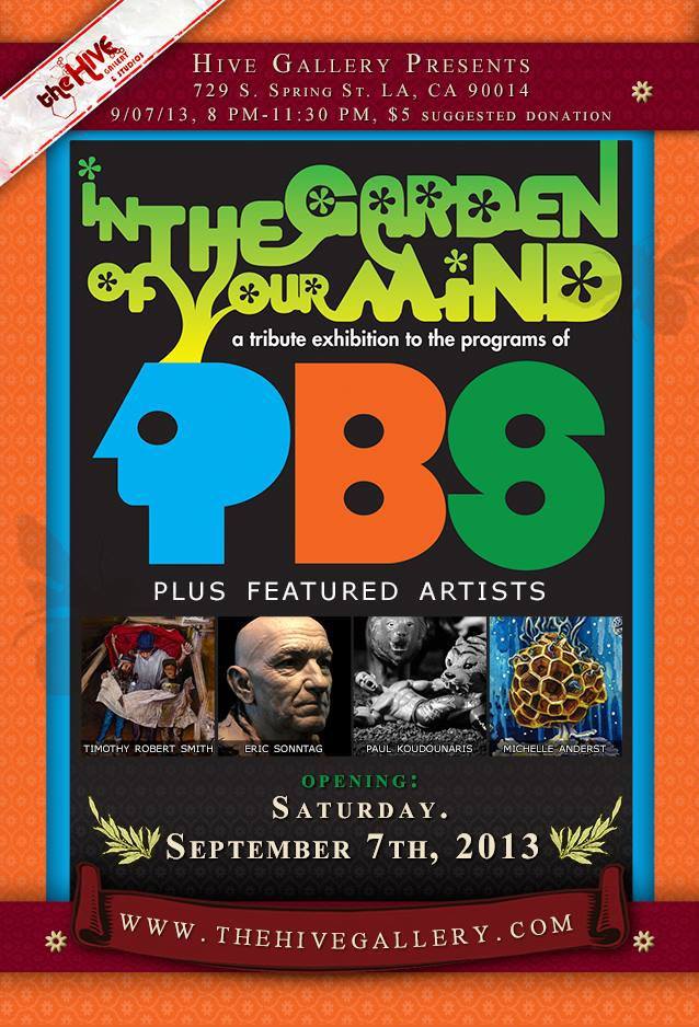 Flier for Garden of Your Mind, PBS-themed show at Hive Gallery